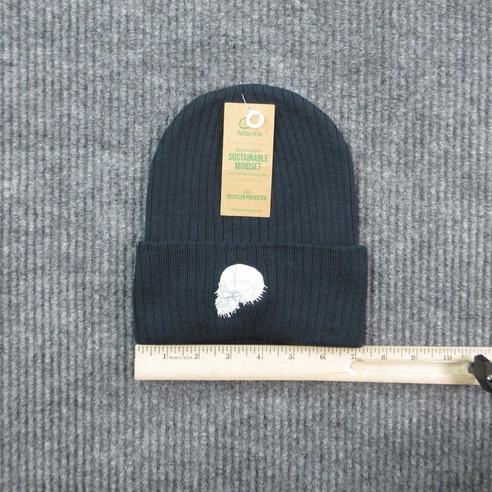 Atlantis Hat Beanie Mens One Size Blue Skull Embroidered Casual Winter NWT